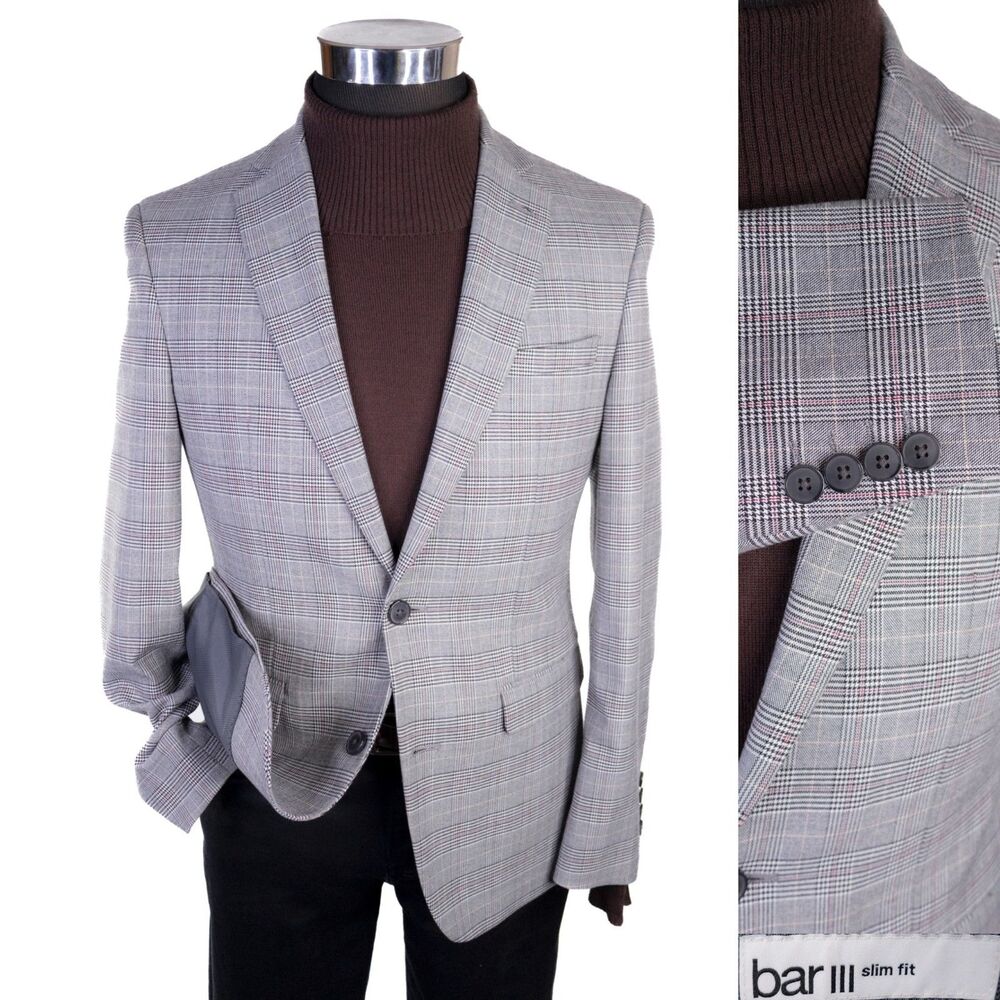 BAR III Blazer Sport Coat Blazer Sz 36S Plaid Gray Poly Blend 2-Button Jacket